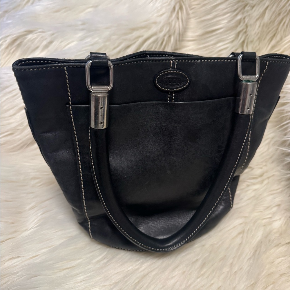TODS Vintage Black Leather Tote Bag Y2K
